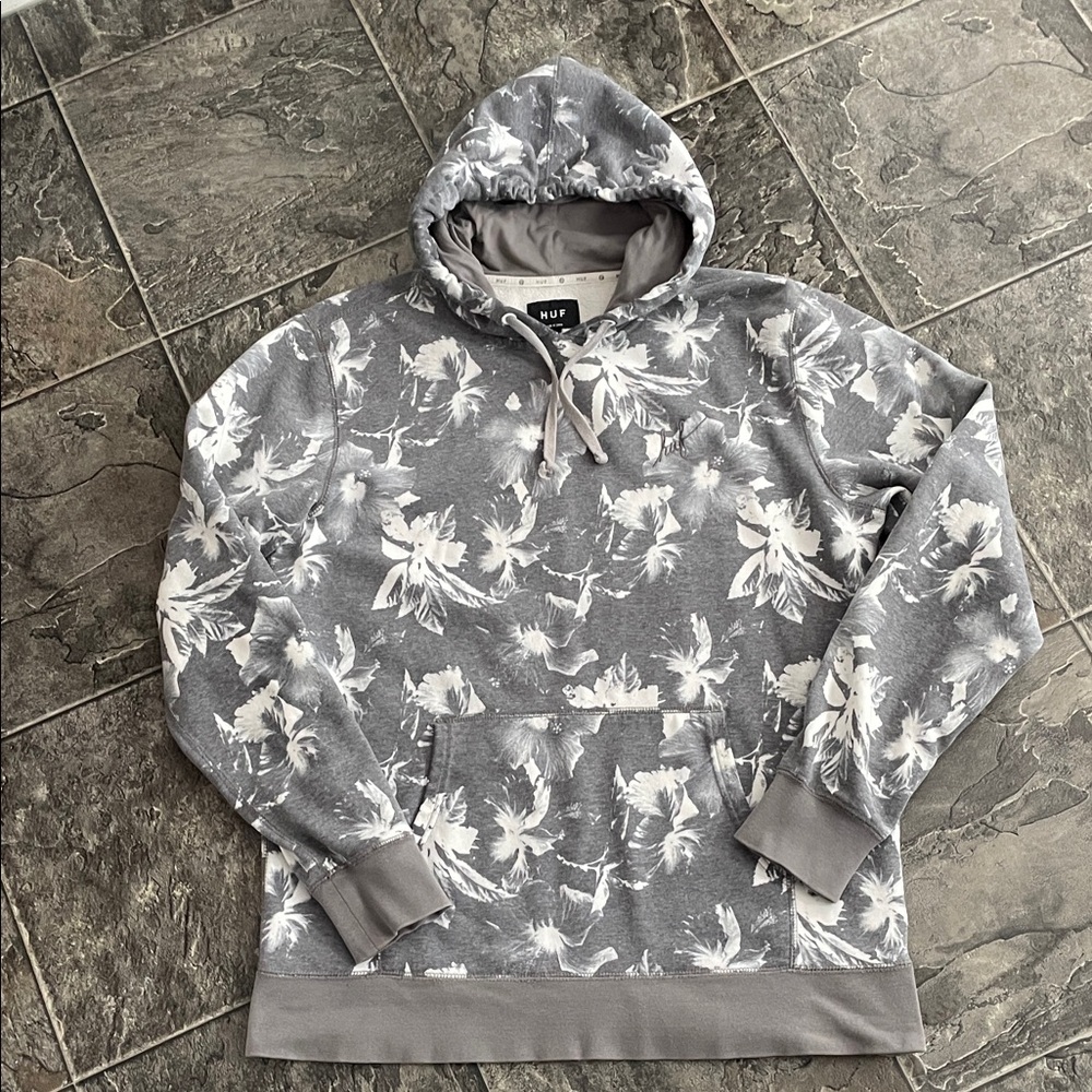 HUF Gray & White Floral Pattern Hoodie Urban Streetwear Grunge Indie Y2K Cozy